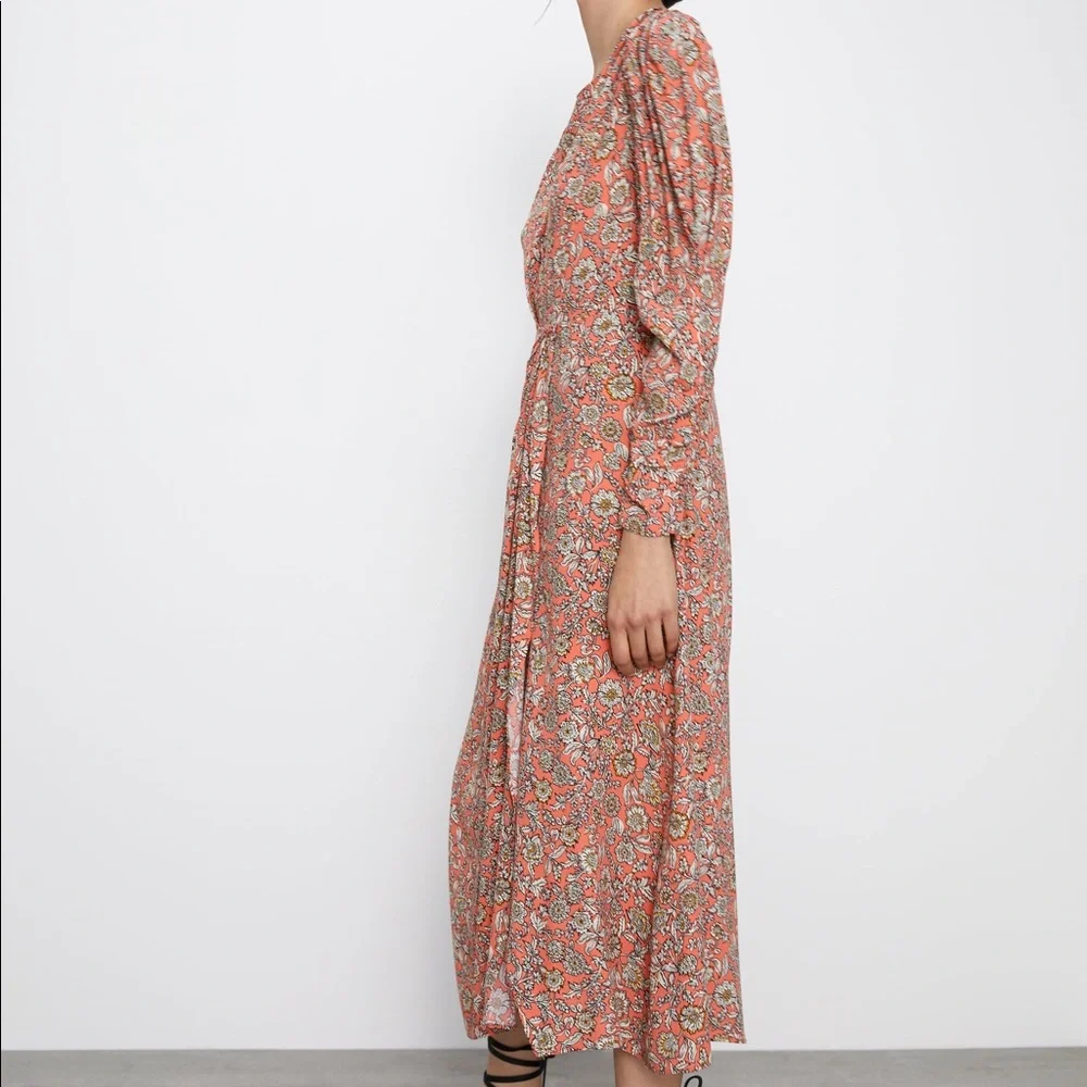Zara FLORAL PRINTED DRAPED MIDI Flowy DRESS Long Sleeve Puff Shoulders Sz XS NEW - Picture 10 of 16